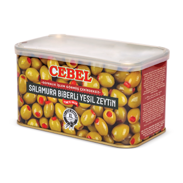 Cebel Salamura Biberli Yesil Zeytin- Grüne kernlose Oliven mit roter Paprika gefüllt In Salzlake XL 600g Cebel Salamura Biberli Yesil Zeytin- Grüne kernlose Oliven mit roter Paprika gefüllt In Salzlake XL 600g